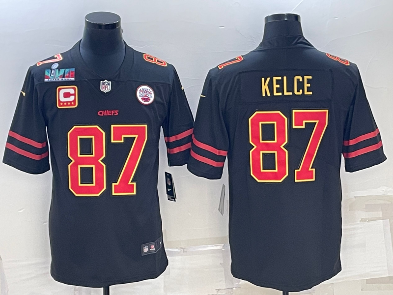 Men’s Kansas City Chiefs #87 Travis Kelce Black Red Gold Super Bowl LVII Patch And 4-star C Patch Vapor Untouchable Limited Stitched Jersey